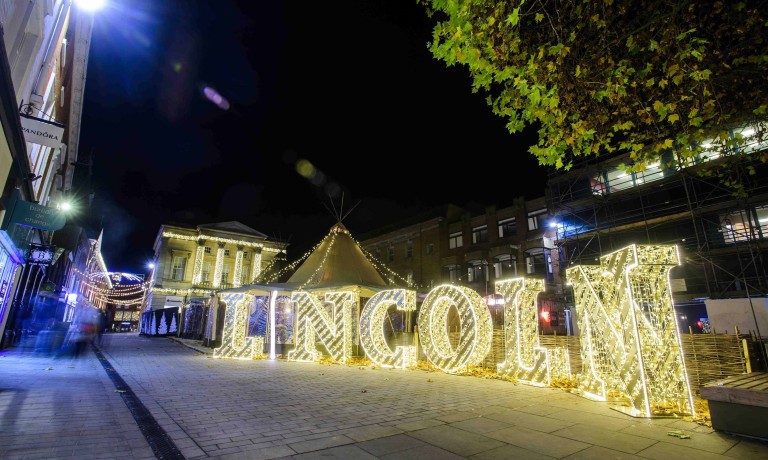 Chris Vaughan Photography - commercial photography | Christmas decorations - the word Lincoln spelt out in giant letters.